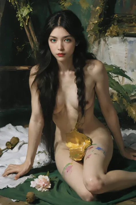 (oil painting:1.5),
\\
a woman with (long curtly hair ), ((green eyes)) is lie on the ground, peony, (amy sol:0.248), nude , with  dress,  (stanley artgerm lau:0.106), (a detailed painting:0.353), (gothic art:0.106)