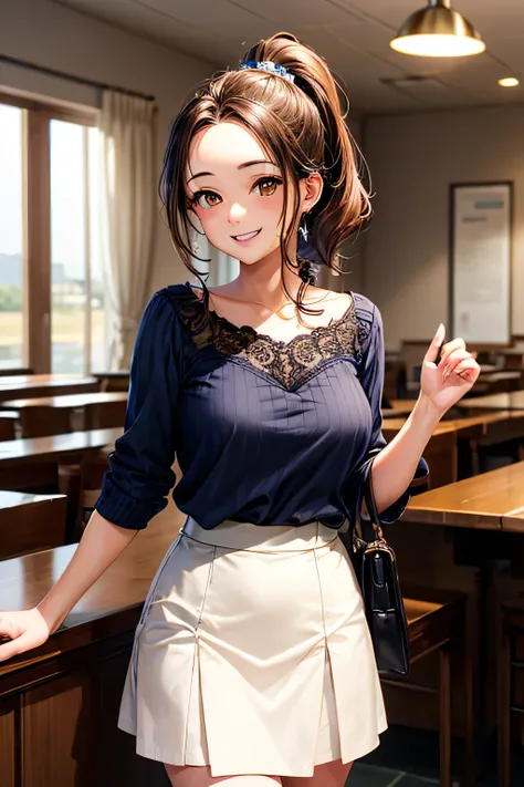 masterpiece, high quality, female, thirties,(elegant), natural beauty,forehead brown ponytail hair), soft lighting,((( brown eyes))), White blouse, tight navy skirt, heeled pumps,standing up,indoor,smile