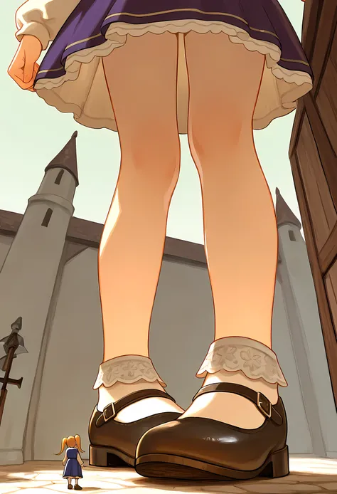 simple background, (macro size: 1.2), medieval fantasy school, (height difference: 1.3), (size difference: 1.1), tiny person on the ground, (closeup girl shoes from below: 1.2), twin tails, happy, standing, skirt, looking down at her