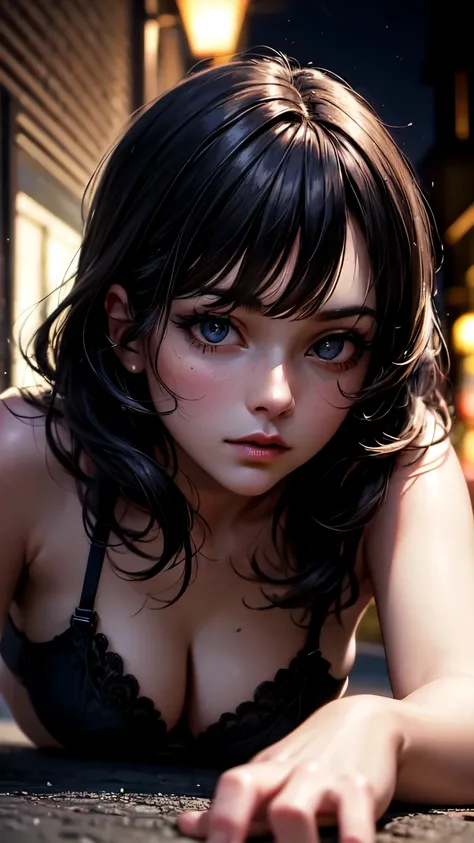 (best quality:1.5, highres, UHD, 4K, detailed lighting, shaders), black wavy hair, large breasts , Black Bra, Black thong (pov), Portrait, Full Body, In An Alley, At Night, BREAK, Lying on the ground