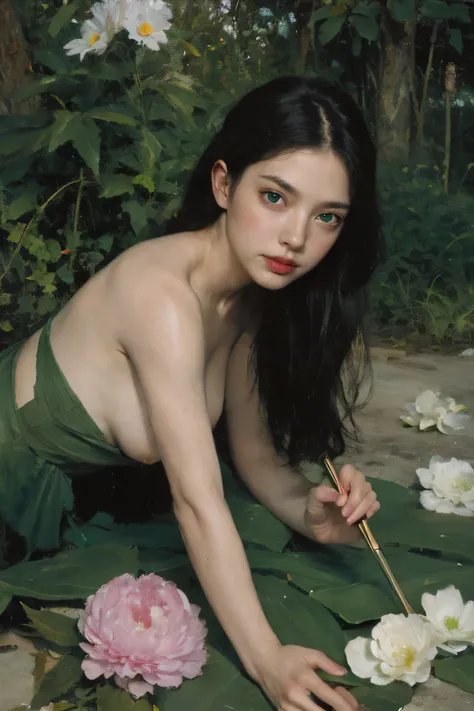 (oil painting:1.5),
\\
a woman with (long curtly hair ), ((green eyes)) is lie on the ground, peony, (amy sol:0.248), nude , with  dress,  (stanley artgerm lau:0.106), (a detailed painting:0.353), (gothic art:0.106)