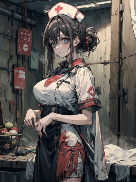 earring, big breasts, narrow waist, short hair, wavy hair, hair behind ear, half updo, black hair, sweat, cowboy shot, looking at viewer, indoor, nurse uniform, ((zombie)),