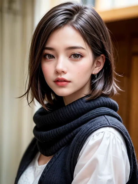 (masterpiece, best quality、beautiful appearance of an adult woman 、 adds intense highlights to the eyes ),1 girl, Alone,   black hair,  scarf,  above Decorati has ,, realistic,  Viewer, Light-coloured black eyes,  short hair,  comments, Winter clothes, Whi...