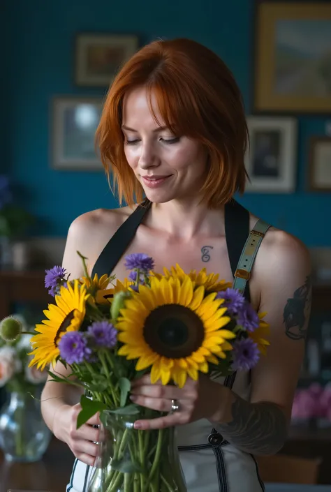 Scène :
Dans une pièce lumineuse et chaleureuse, une jeune femme aux cheveux roux éclatants s’occupe d’un bouquet de tournesols et de fleurs violettes qu’elle arrange délicatement dans un vase en verre. Son sourire naturel et apaisé reflète un moment de sé...