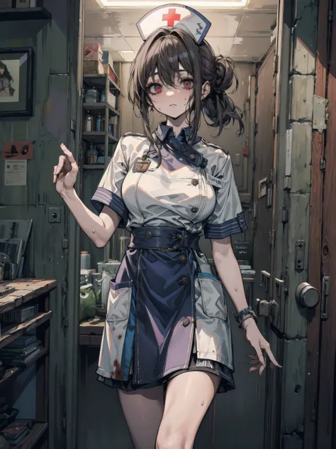 earring, big breasts, narrow waist, short hair, wavy hair, hair behind ear, half updo, black hair, sweat, cowboy shot, looking at viewer, indoor, nurse uniform, ((zombie)),