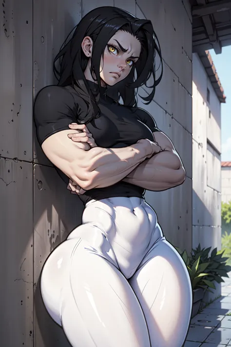 1girl muscular pale skin black hair yellow eyes black against wall sad expressionless tight shirt leggings thick thick thick thick muscular muscular muscular muscular muscular girl dark atmosphere sad expressionless rimlighting