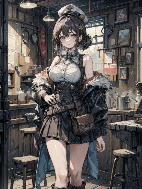 earring, big breasts, narrow waist, short hair, wavy hair, hair behind ear, half updo, black hair, sweat, cowboy shot, looking at viewer, indoor, steampunk fashion, waistcoat, blouse, hat, boots, short skirt, bare shoulder,