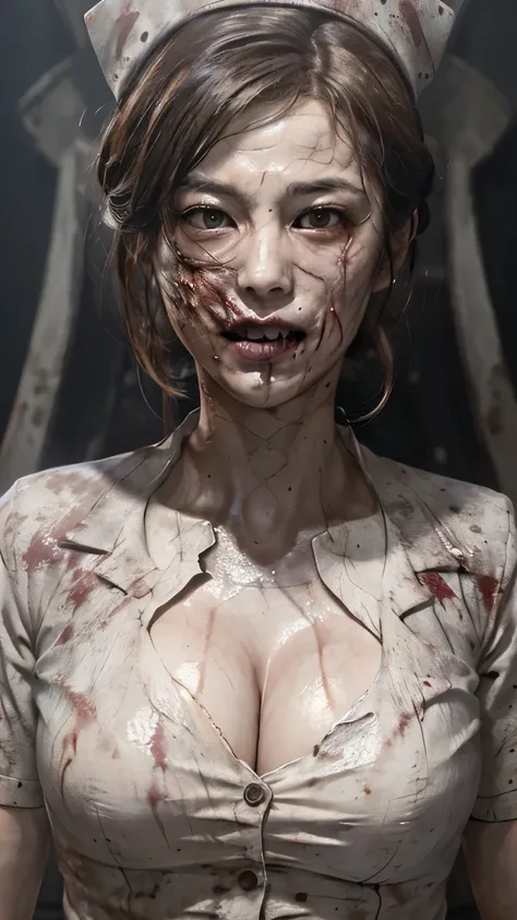 ((top quality, 8 thousand, masterpiece:1.3)) Two Korean women in their 20s,  Pale and white skin, Tangled black hair, Blood, severe dark circles, Bloodstained white nurse uniform, black lips, Corruption, Fog,  dim lighting, nurse, abandoned hospital, (big ...