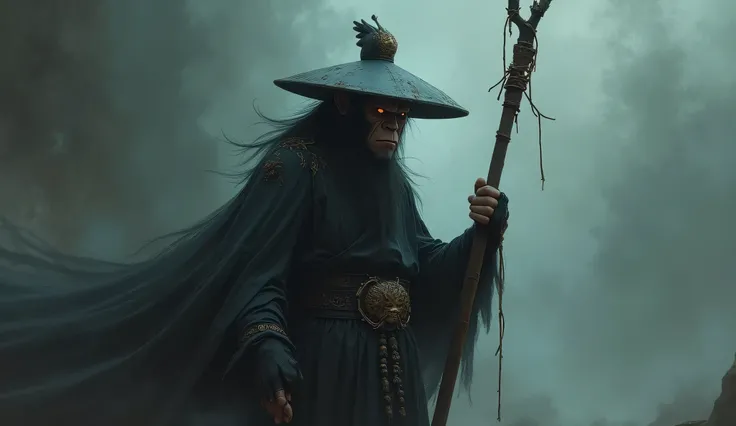 monkey king  wearing a dark hat, staff in hand, corrupted by evil forces, highly detailed, digital painting, intricate details, dramatic lighting, muted color palette, dark and gritty atmosphere, masterpiece, ultra-detailed, realistic, HDR, sharp focus, ph...