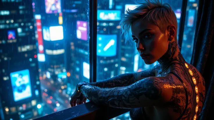 A stunning woman with a sharp platinum-blonde undercut leans against the neon-lit balcony of a high-rise, her bare upper body illuminated by the flickering holographic billboards around her. Rain droplets trace paths down her smooth skin, catching the elec...