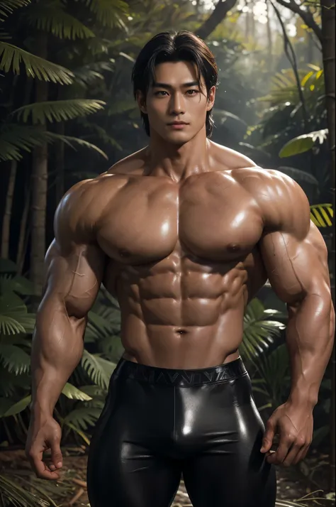 (Ultra realistic, intricate details, photorealistic, 8K HD, dim lightings), Detailed realistic, a handsome korean muscular young boy, powerful and intimidating, bodybuilder, godly presence, young god|tarzan, ager face, beautiful, smooth dark brown hair, de...