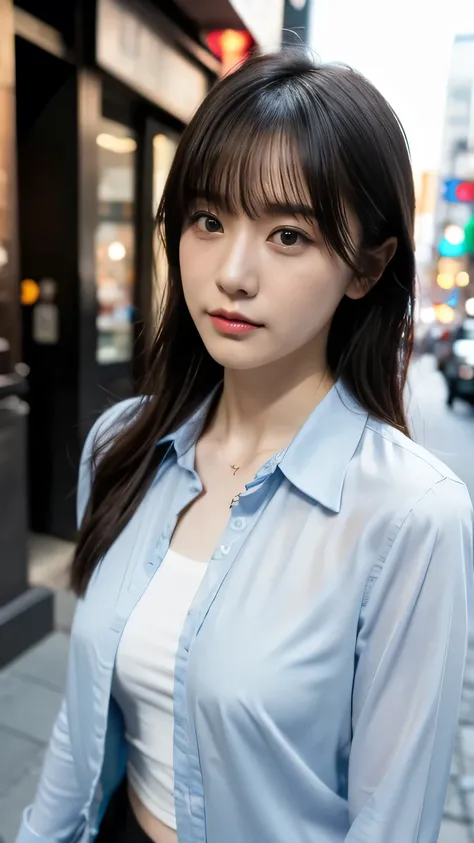 one girl、 masculine style images 、slender on the background,female college student、chest visible、simple background、nipples,open front shirt、bangs、busy street shibuya、spring fashion、business casual