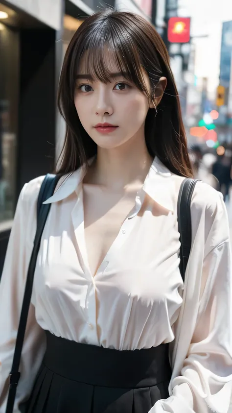 one girl、 masculine style images 、slender on the background,female college student、chest visible、simple background、nipples,open front shirt、bangs、busy street shibuya、spring fashion、business casual、unkown clothes