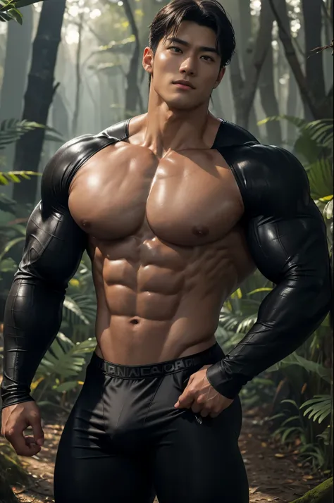 (Ultra realistic, intricate details, photorealistic, 8K HD, dim lightings), Detailed realistic, a handsome korean muscular young boy, powerful and intimidating, bodybuilder, godly presence, young god|tarzan, ager face, beautiful, smooth dark brown hair, de...