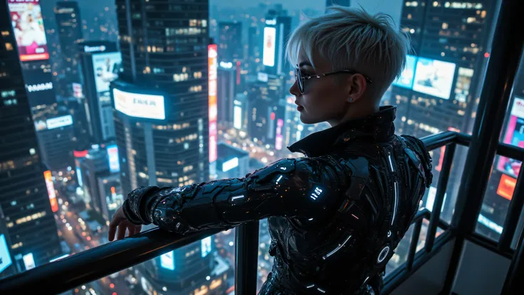 A young woman with short, undercut platinum-blonde hair leans against the railing of a high-rise balcony, overlooking the chaotic neon sprawl of Night City. She wears a form-fitting, high-tech jacket with glowing circuitry embedded in the fabric, and a pai...
