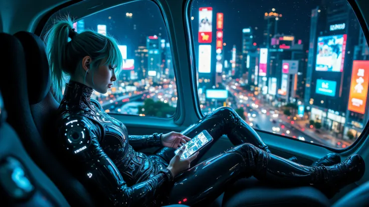 A stylish woman with asymmetrical teal-blue hair reclines in the plush seat of a self-driving hover taxi, its transparent walls giving her a panoramic view of the neon skyline. Her outfit, a minimalist yet futuristic jumpsuit with embedded light panels, su...