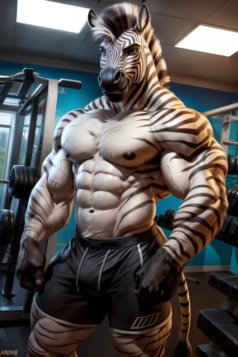 ((By Chunie)), ((By Zaush)) ((By Darkgem)), ((By Anhes)), Handsome, cute, sexy, hot male anthro furry ((Zebra)), inside fitness center to workout and build muscles, best quality, amazing quality, male, furry, pecs, muscles, abs, Zebra, fitness center, gym,...