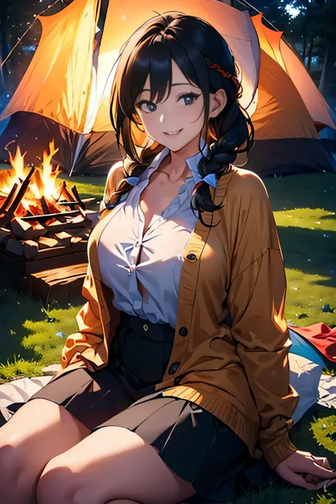 ((((late night campsite: 1.3))), (tent: 1.3), (Bonfire Light: 1.3), mature woman sitting in front of a bonfire and burning firewood in a sexy outfit suitable for summer camp, (fishbone braided hair), attractive adult woman walking on the playground), (see-...