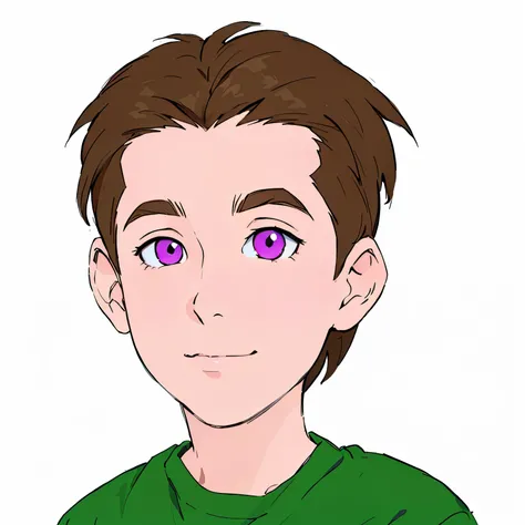 a cartoon boy with purple eyes and a green shirt, short brown hair and big eyes, Digitally colored, To the site,  portrait of my character , brown hair and big eyes,  cel - shaded art style , with bright purple eyes, adult animation with shaded cells,  por...