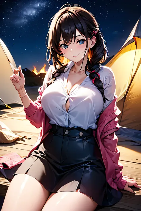 ((((late night campsite: 1.3))), (tent: 1.3), (Bonfire Light: 1.3), mature woman sitting in front of a bonfire and burning firewood in a sexy outfit suitable for summer camp, (fishbone braided hair), attractive adult woman walking on the playground), (see-...