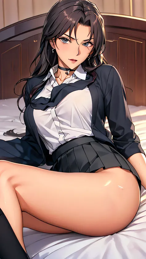 Ultra High Resolution , mature woman, mature woman, very well detailed, (()), perfect hands,  Fine fingers ,  beautiful details , (( long, long hair)),(()),black choker, earrings,perfect eyes,  seductive eyes,(( black socks)),(((Clean School Uniform))),(((...