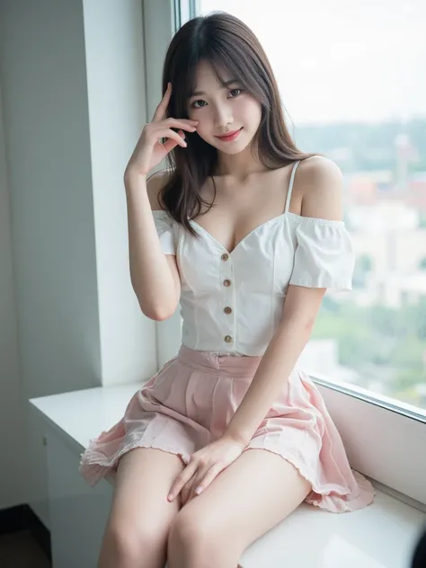 A Japanese shy girl, 18 years old, smile, high school uniform, mini skirt, big eyes, big breasts, frilly skirt, in front of huge window, sitting sexy pose, whole body photo, depth of field, UHD, accurate, anatomically correct, textured skin, super detail, ...