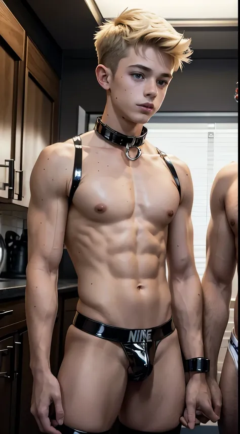 (nsfw), 2boys, twink, age 18, american, with a soft cute oiled up twink body, bubble butt!!, blonde hair and freckles, wears skimpy black Nike latex underwear, a small chastity cage, and a tight black leather collar around his neck. He is passionately maki...