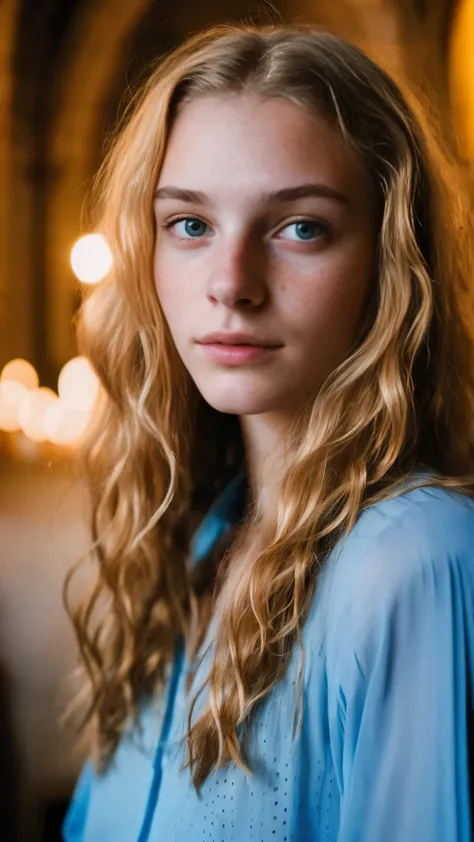 realistic photo of a 17-year-old girl, beautiful face, cute appearance, long wavy blonde hair , freckles, in an Blue Light Blouse , standing in an old church, relaxed expression, brimming with emotion, interplay of contrast along with detailed light and sh...