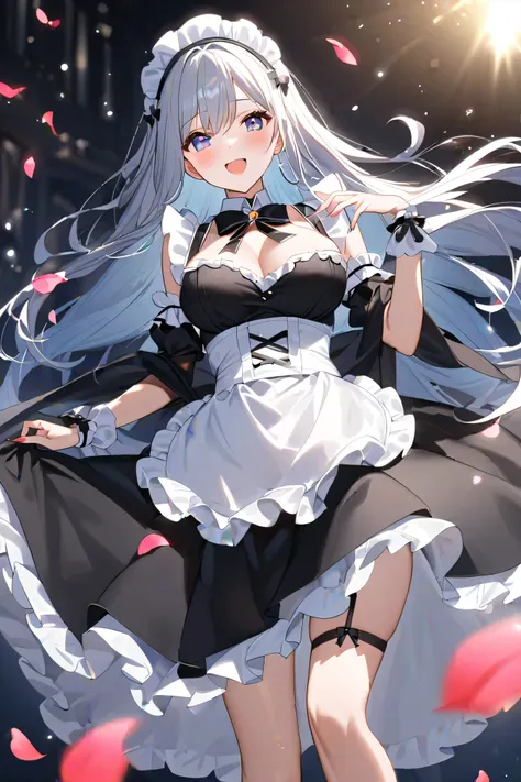 28 year old beautiful girl、long hair。
characters are anime designs。
 hair is silver。
Eye color is gold 。
The figure is glamorous 。Big bust 。
has an ecstatic expression with estrus。
Wear black and white maid clothes, garter belts, and stockings。
There are p...