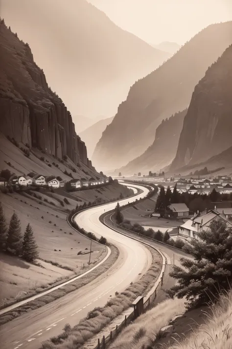 A road stretches into the distance between small villages in the valley, pencil sketching style, strong outline