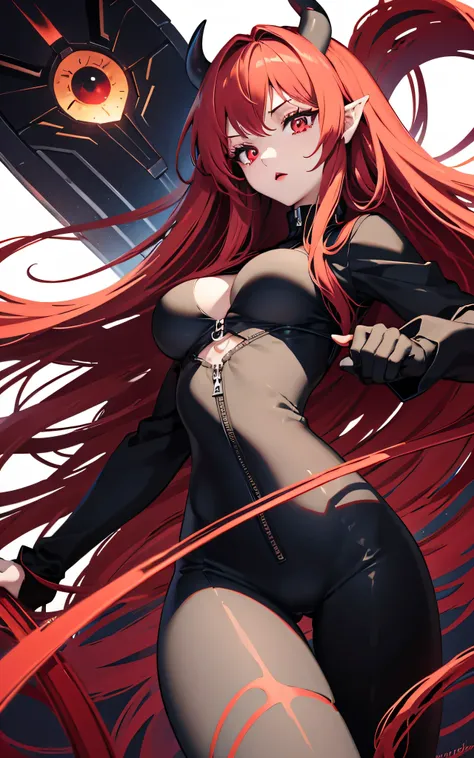 Cute demon girl with medium breasts long red hair and red eyes pupils like a vertical line of black pale skin demon ears small black leathers bodysuit lightweight sports bra black