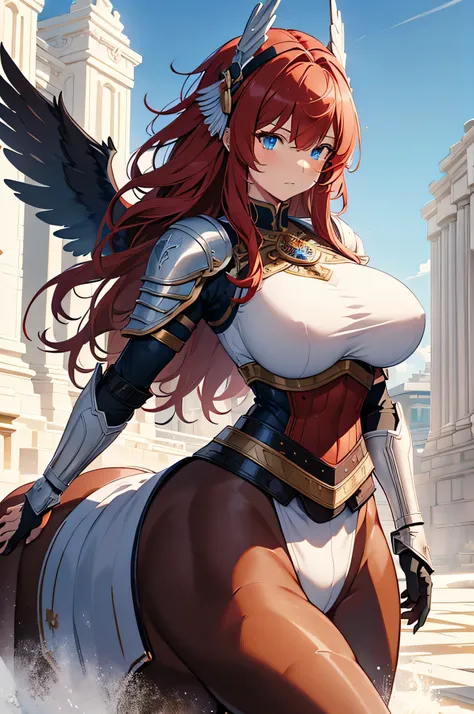 4K,High Resolution, one woman,Centaur,red hair,long hair, blue eyes, brown fur,huge boobs,Valkyrie,White sacred armor,Sleeveless,Heavy Armor, full armor , white armor long gloves ,headgear with wings,Holy Sword,Jewelry decoration,Temple in the Sky