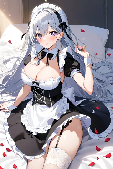 28 year old beautiful girl、long hair。
characters are anime designs。
 hair is silver。
Eye color is gold 。
The figure is glamorous 。Big bust 。
has an ecstatic expression with estrus。
Wear black and white sexy maid clothes and garter belts and stockings。
Ther...