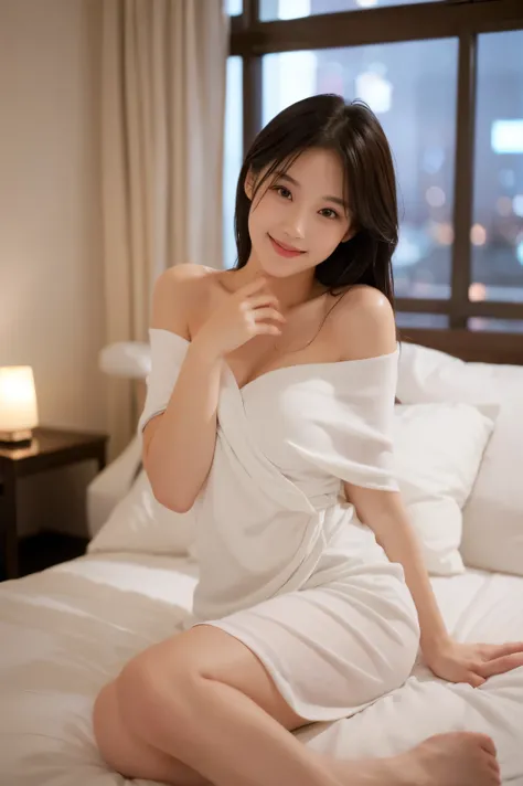 "A young woman as cute as an 18-year-old idol , slightly wet  hair and fair skin sits on a white bed at night, wrapped in a soft white towel. Her skin glistens slightly with moisture, and she smiled kindly at the camera with a gentle, slightly shy expressi...