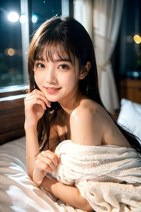 "A young woman as cute as an 18-year-old idol , slightly wet  hair and fair skin sits on a white bed at night, wrapped in a soft white towel. Her skin glistens slightly with moisture, and she smiled kindly at the camera with a gentle, slightly shy expressi...