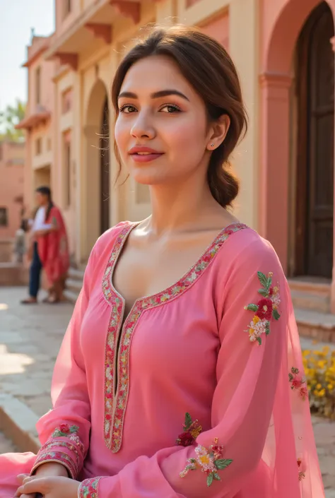 24 year girl in Indian village not modern village rural vibe wearing pink gujrati dress in hawa mahal jaipur in front of local people with smile on face showing real cuteness sitting on bench