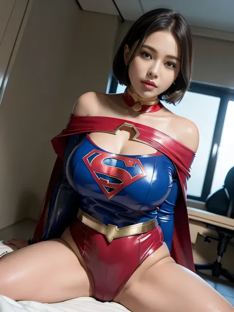 masterpiece、Latex Supergirl Costume、Off Shoulder、Ultra short hair、Big, Fuller Breasts、 Shiny Sweaty Skin 、face to face、choker、Provocative cleavage 、 Long Sleeve、cloak、Glamorous Bare Feet、Close up shot of a young slutty supergirl straddling medical equipmen...