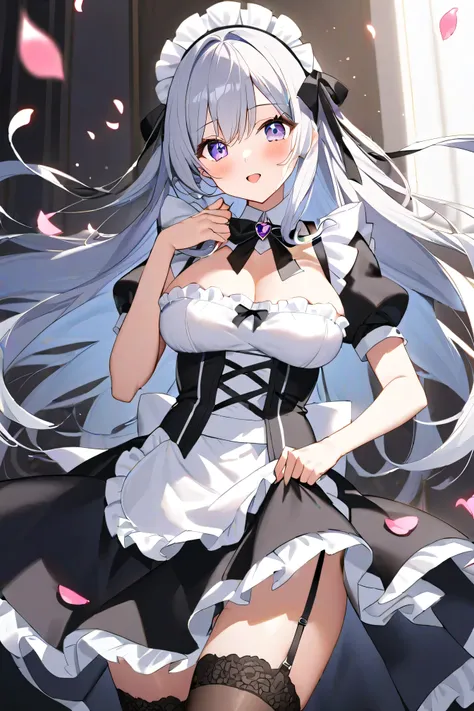 28 year old beautiful girl、long hair。
characters are anime designs。
 hair is silver。
Eye color is gold 。
The figure is glamorous 。Big bust 。
has an ecstatic expression with estrus。
Wear black and white sexy maid clothes and garter belts and stockings。
Ther...