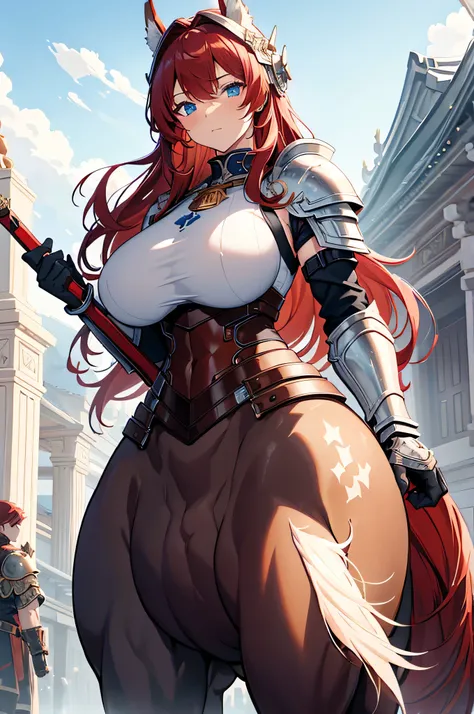 4K,High Resolution, one woman,Centaur,red hair,long hair, blue eyes, brown fur,huge boobs,Valkyrie,White sacred armor,Sleeveless,Horizontal milk,Heavy Armor, full armor , White Armor Gloves,headgear with wings,Holy Sword,Jewelry decoration,Temple in the Sk...