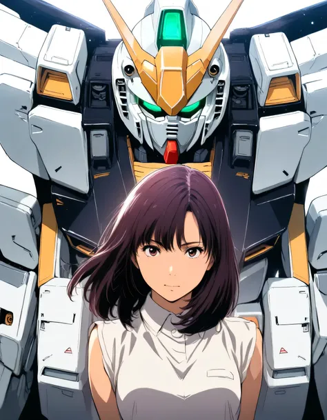 1girl, sato rika, gundam, year 2016, upper body, mobile suit in the background, nu gundam, masterpiece, high score, great score, absurdres, 16k, super detail