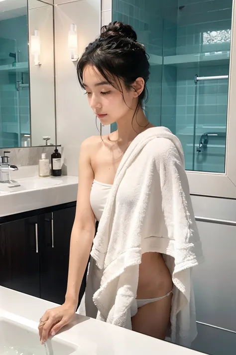 "A young woman with short, slightly damp black hair and fair skin is in a modern bathroom, wrapped in a soft white towel. She is leaning forward slightly, adjusting the towel with both hands while looking down with a gentle, slightly embarrassed expression...