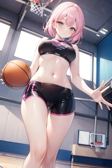 gloss skin,erotic girl,Sport girl, basketball player, pink Shiny material compression shorts, sports bra, bare belly, basketball court, thigh gap, from below,((cameltoe))