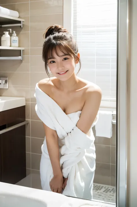 "A cute girl who looks like an 18-year-old idol and fair skin is in a modern bathroom, wrapped in a soft white towel. She is leaning forward slightly, adjusting the towel with both hands smiling kindly, slightly embarrassed expression. Her skin appears smo...