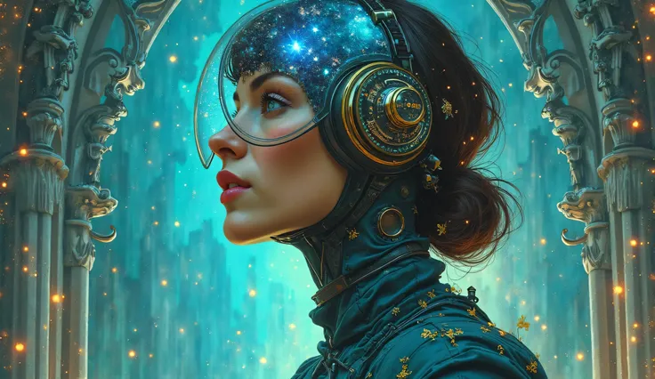 Peinture d'une femme avec un casque bleu vert a visière légèrement transparent à l'intérieur duquel on voit une galaxie et une robe bleue verte avec une montre, inspiré de gaston bussiere ambiance cathédrale, inspiré par Vincent Lefevre avec des technologi...