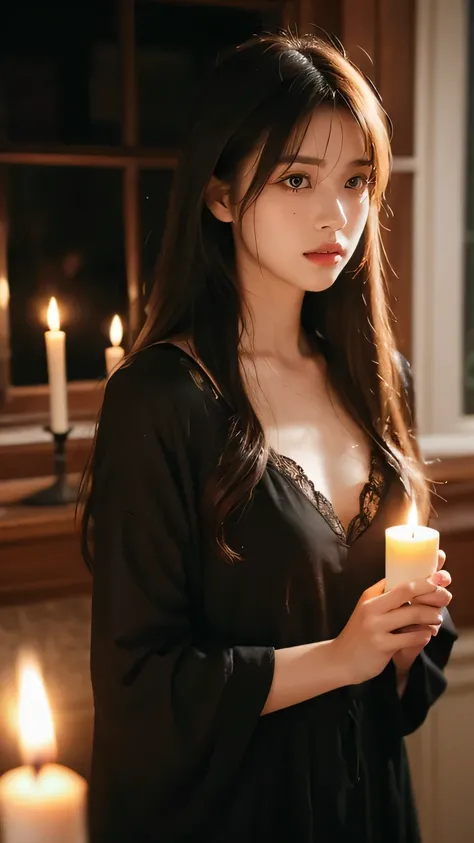 score_9, score_8_up, score_7_up, score_6_up, PRSNL, 1girl, blood, solo, long hair, blood on face, Holding a burning candle, looking down , looking at candle, white hair, nosebleed, pink eyes, hair between eyes, lips, closed mouth, freckles, bangs, very lo...