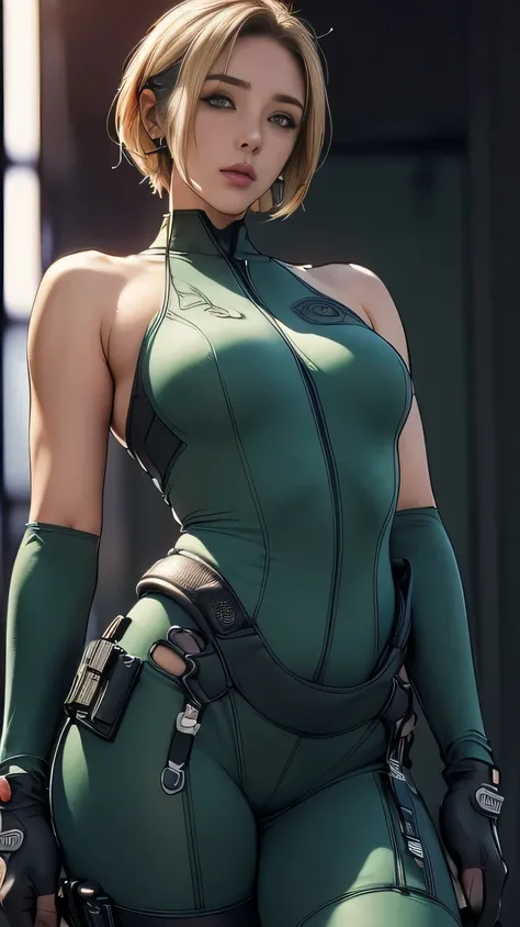 (A woman),(((A female member of the Future Force rides a motorcycle))),((military green tactical high leg bodysuit:1.5)),(( Earphones:1.5)),((Tactical Holster:1.5)),(Gloves:1.5),(serious:1.5),(Super short hair:1.5),(Blonde:1.5),(beautiful eyes:1.3),(Very d...