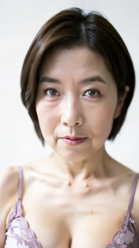 (((portrait:1.5))), ((( alone))), Chinese aunt, Older mature woman,  pure white background,  By gravure 々,(( short bob:1.3)), ((( In underwear:1.5))), (((  sexyブラジャー:1.5))), in front , ((  Face in the center of the screen )), Eyebrow shape ,   Properly dra...