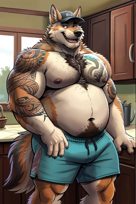 highest res,coyote,anthro,4 fingers,best most realistic detailed accurate blurred background,male aged in early 40's,musclegut,musclegut anthro,musclegut male,tail,standing in kitchen of best most realistic detailed accurate trashy mobile home in rural flo...