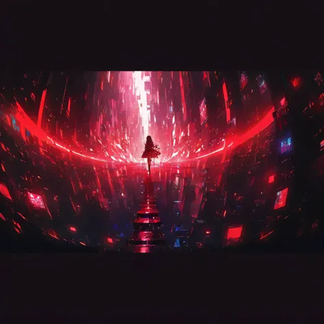 An anime-style girl with long black hair, reflecting intense neon red lights.
Glowing red eyes, possibly cybernetic, with glitch effects or signal distortion, as if malfunctioning.
Face partially fragmented into pixels, breaking into digital data, like she...