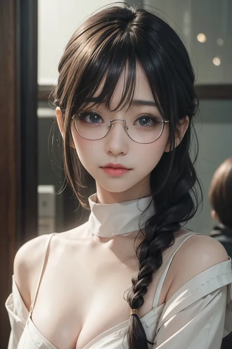 (最高qualityのディテール)、realistic、8KウルトラHD、High reSolution、(glasses,one person:1.2),(Fatal Beauty, charming beauty,braid) ,(GlaSSeS、close up sexy shot,MySteriouS charm:1.1),(Big BreaStS、Fascinating silhouette),高qualityのテクスチャ、Very detailed CG、高qualityの影、beautiful...